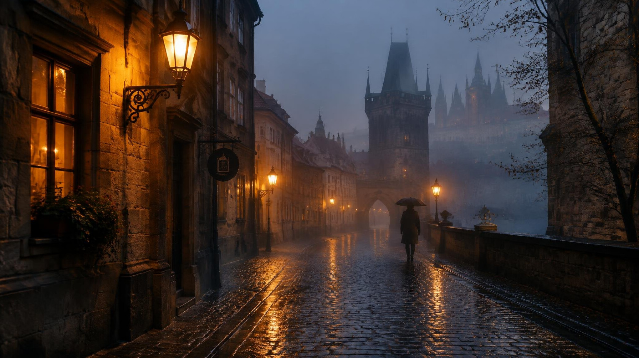Foggy old European street at dusk