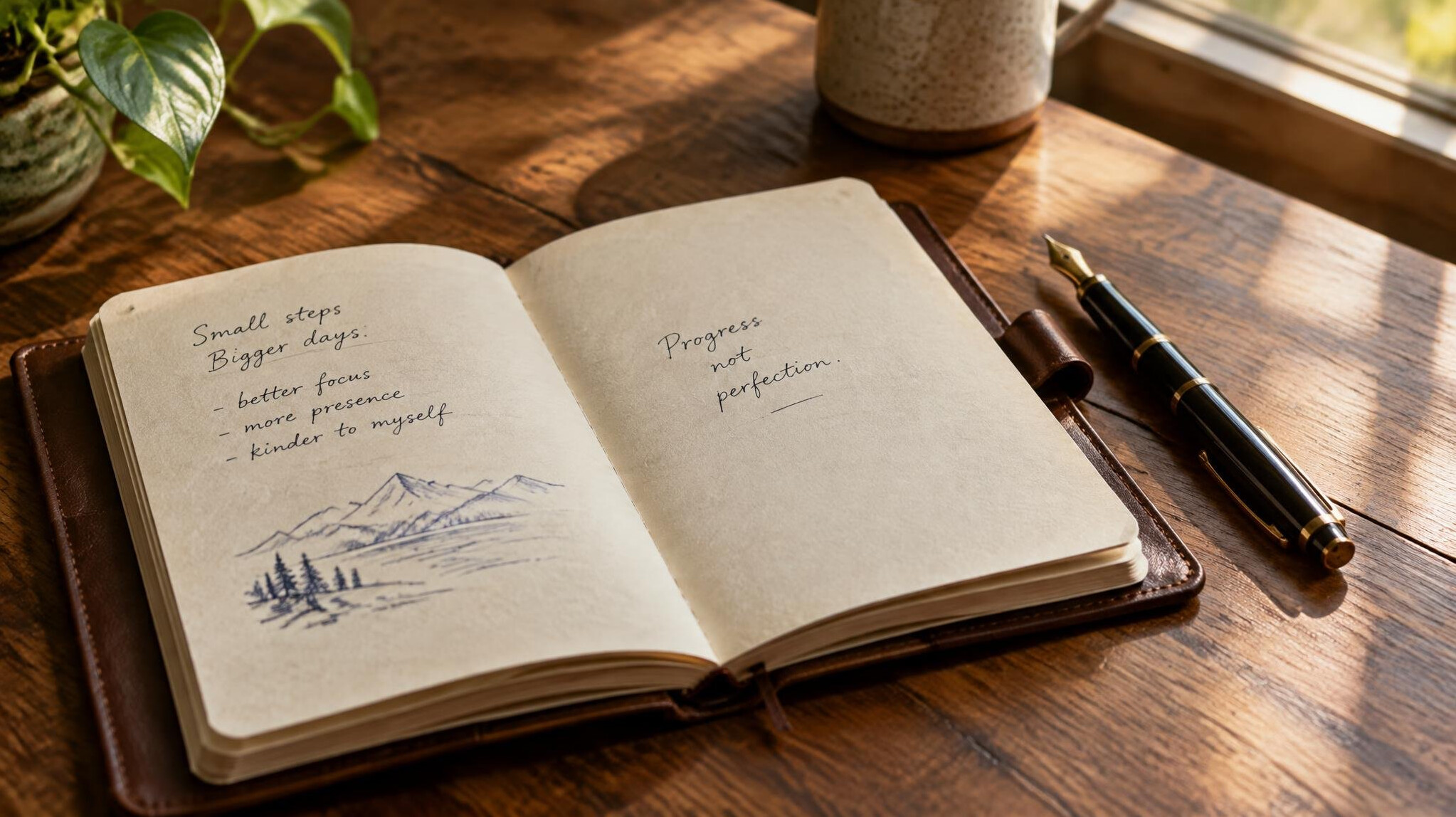Open notebook with handwritten notes and a fountain pen