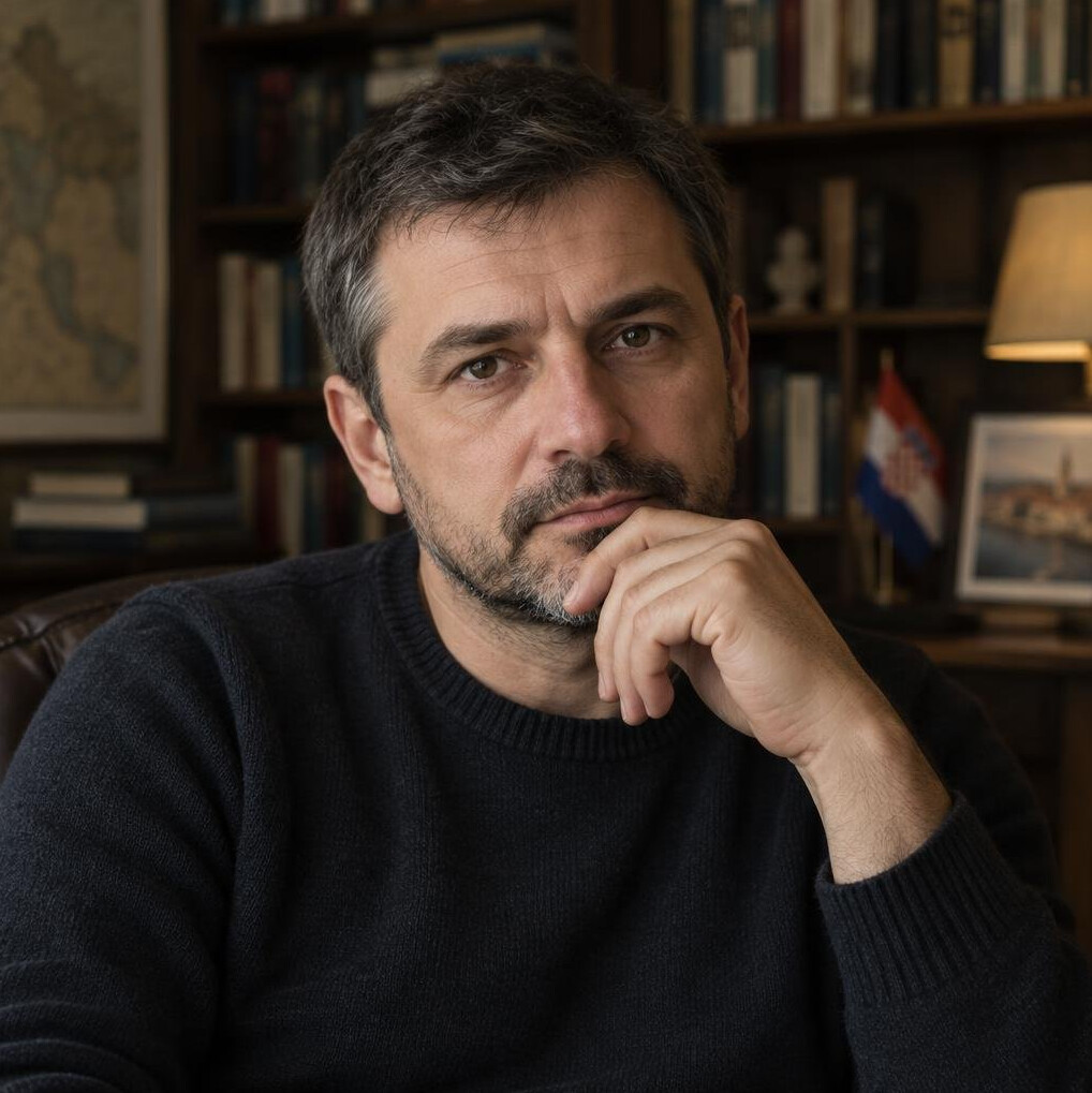 Portrait of a middle-aged Croatian man writer in a study