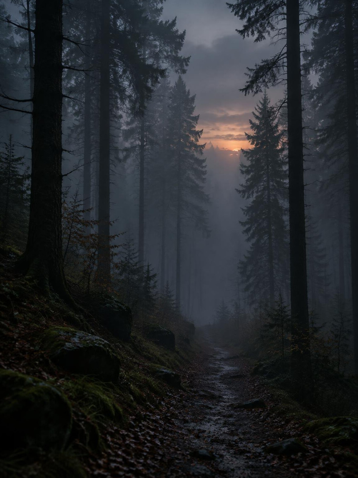 Dark forest path at dusk