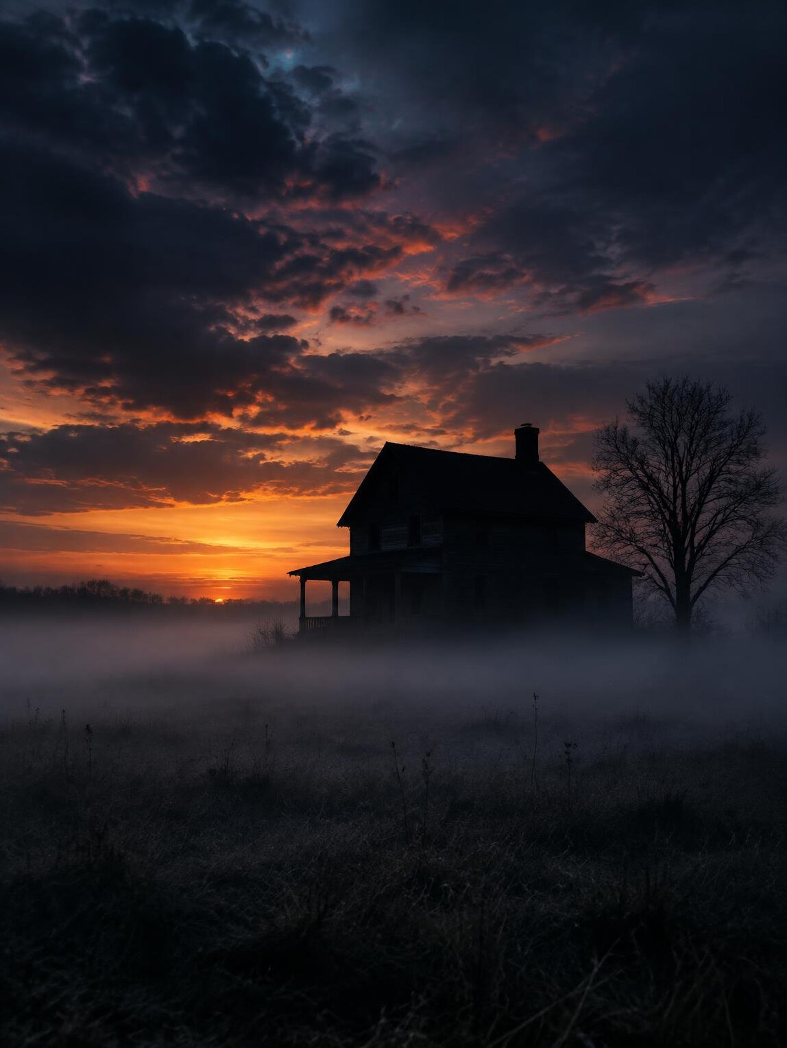 Old dark house silhouette at dusk