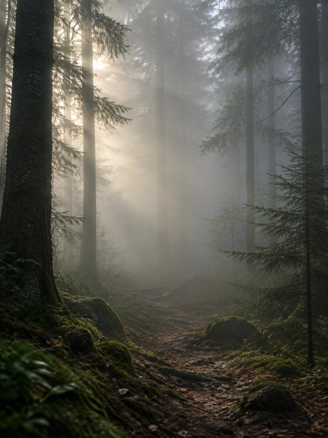 Foggy mountain forest in early morning
