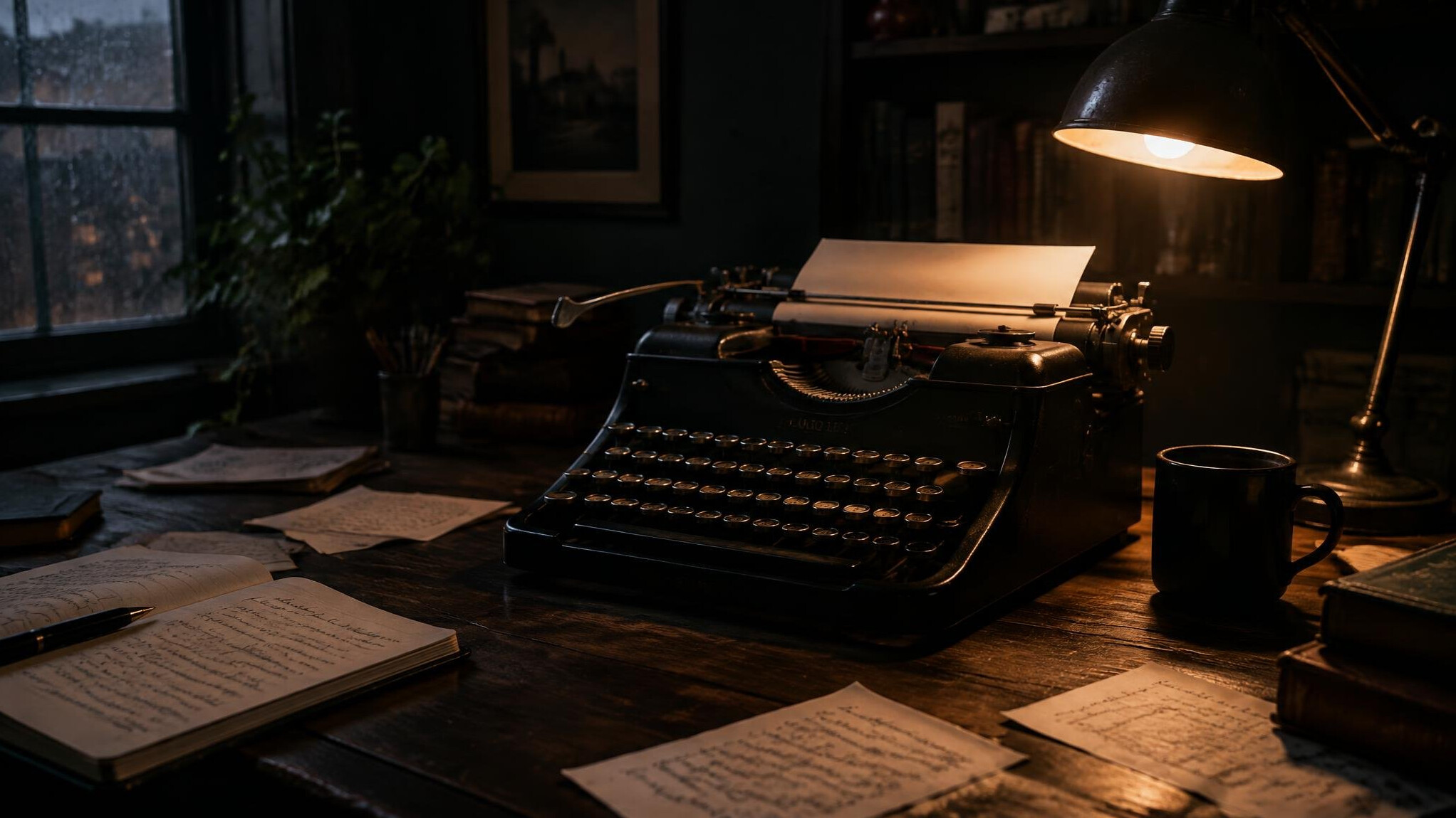 Old typewriter on a wooden desk with scattered notes